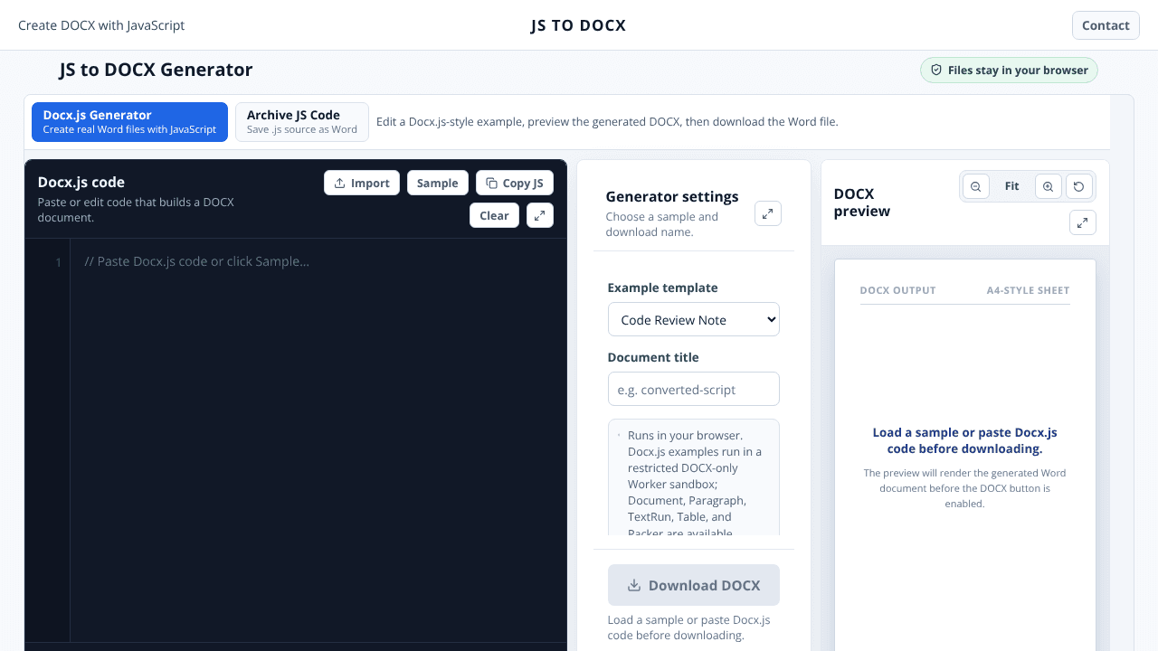 JS to DOCX Generator website screenshot