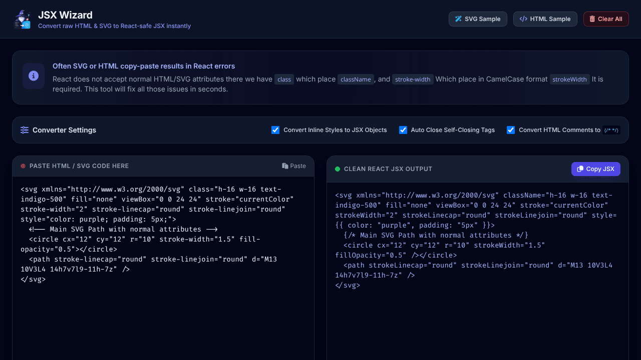 JSX Wizard React website screenshot