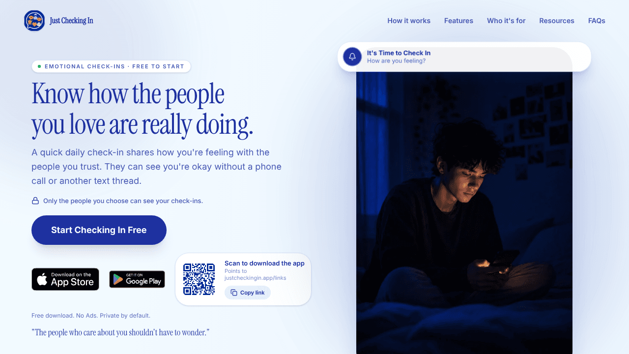 Just Checking In website screenshot