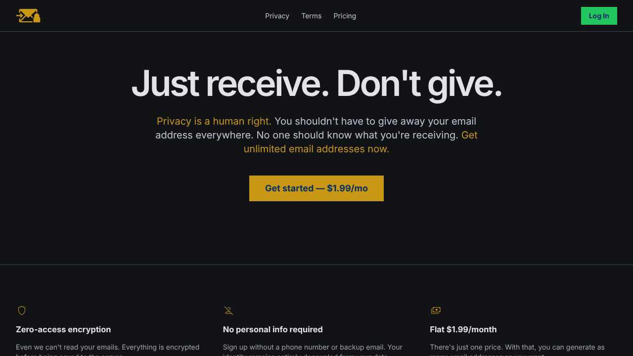 Just Receive Email website screenshot