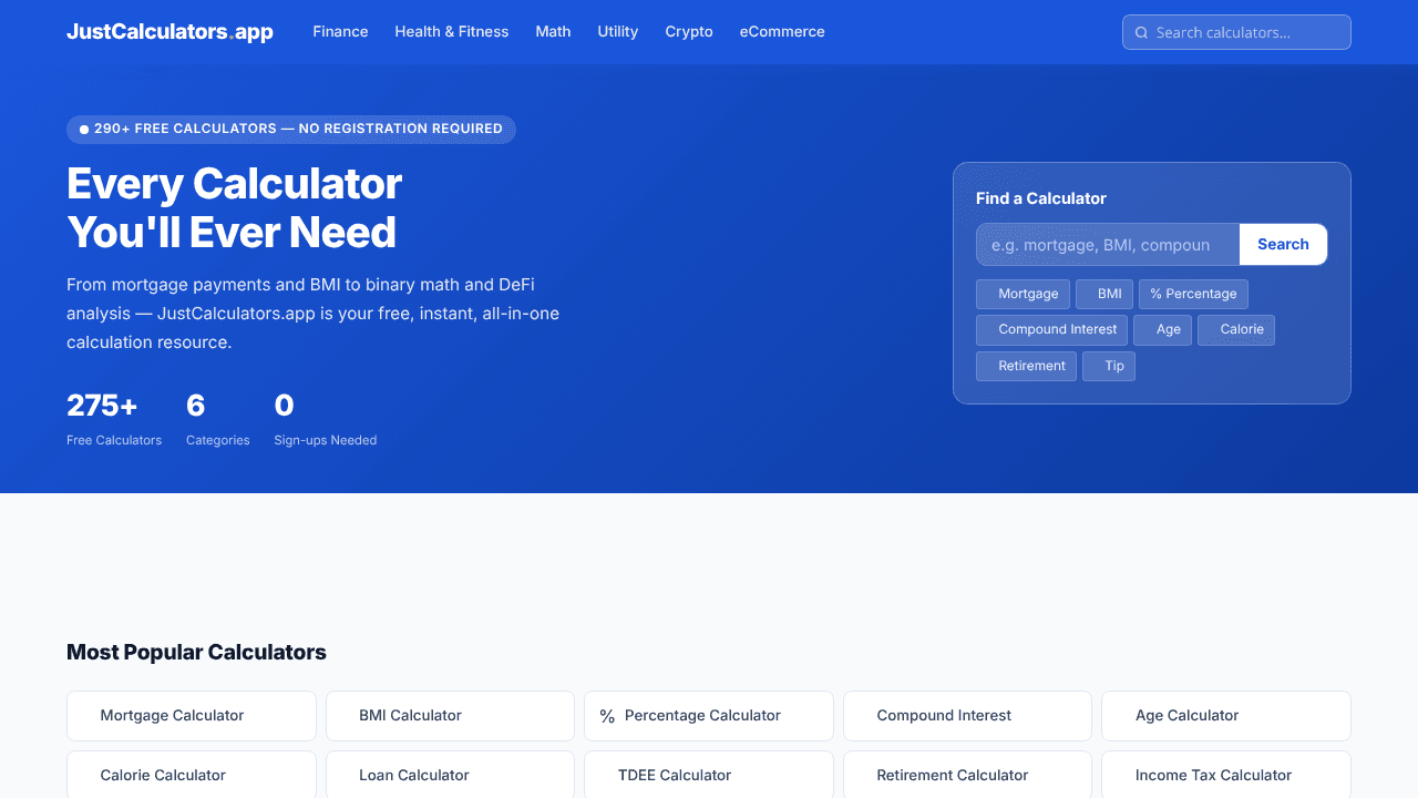 JustCalculators.app website screenshot