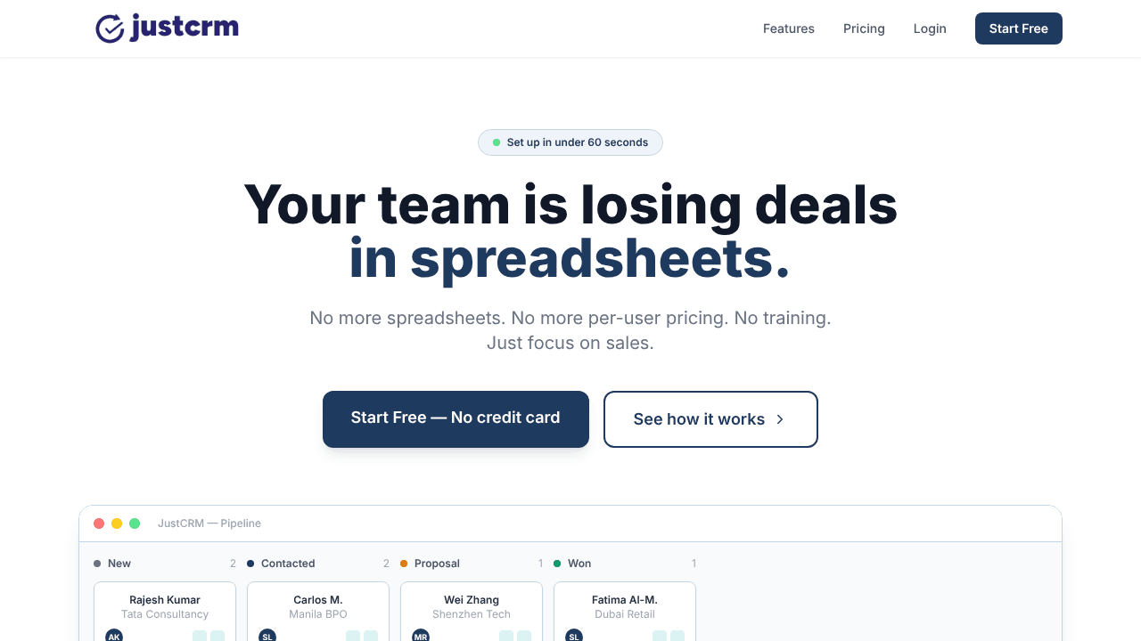 justcrm website screenshot