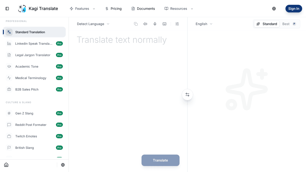Kagi Translate website screenshot