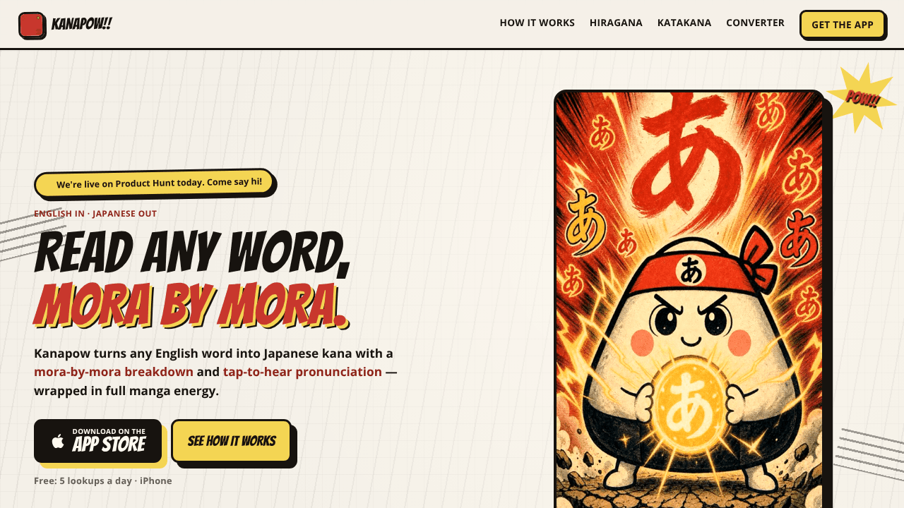 Kanapow — Learn to Read Kana website screenshot