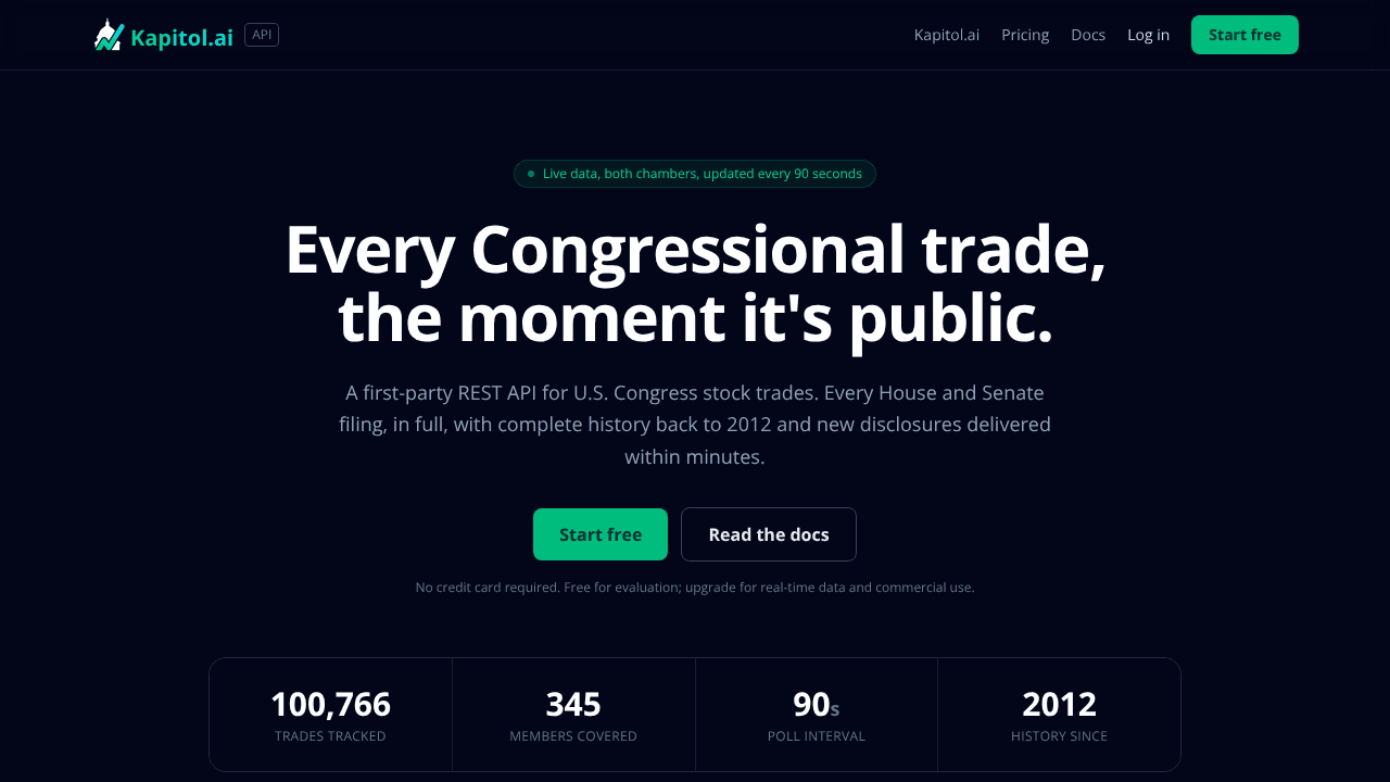 Kapitol.ai Congress Trading API website screenshot