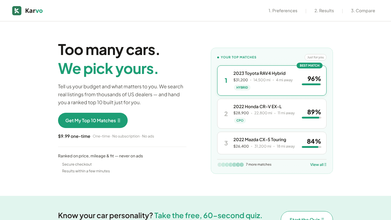 Karvo — Too many cars. We pick yours. website screenshot