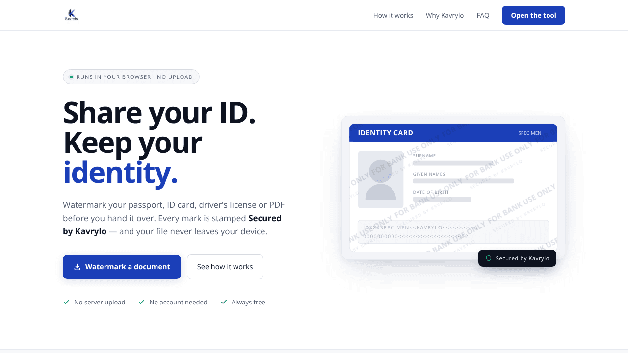 Kavrylo — Watermark Before Sharing website screenshot
