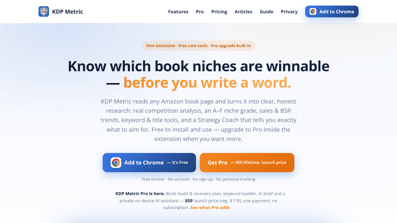 KDP Metric — Amazon book niche research website screenshot