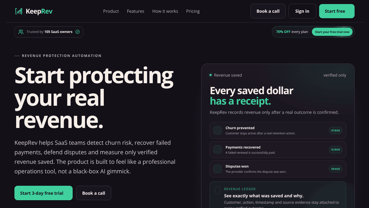 KeepRev - AI Revenue Protection website screenshot