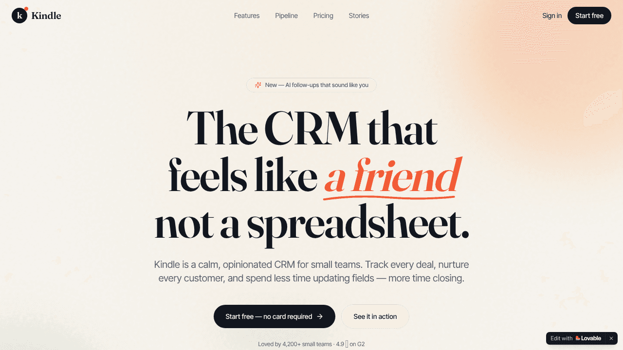 Kindle CRM website screenshot