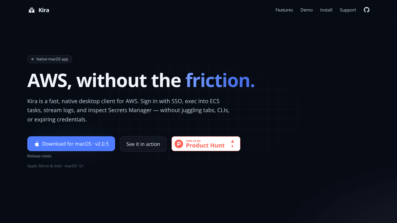 Kira — AWS, without the friction website screenshot