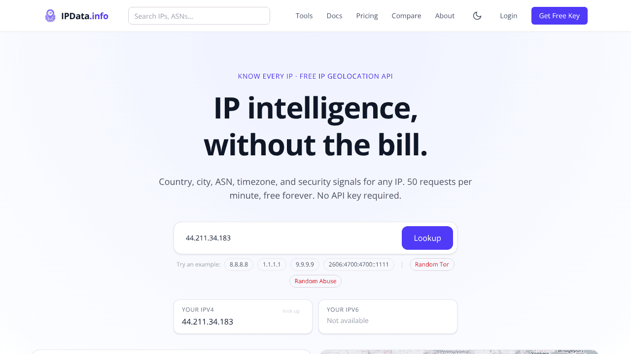 Know every IP — free IP geolocation API website screenshot
