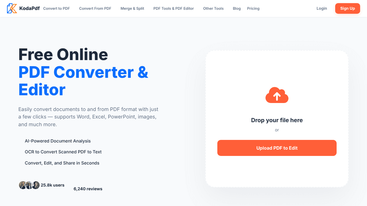 KodaPdf: AI-Powered PDF & Document Tools website screenshot