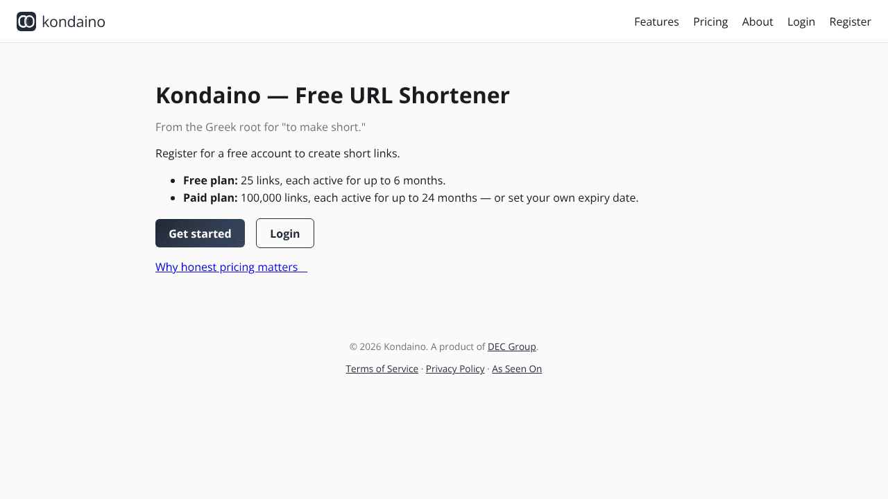 Kondaino - Free URL Shortener with API website screenshot