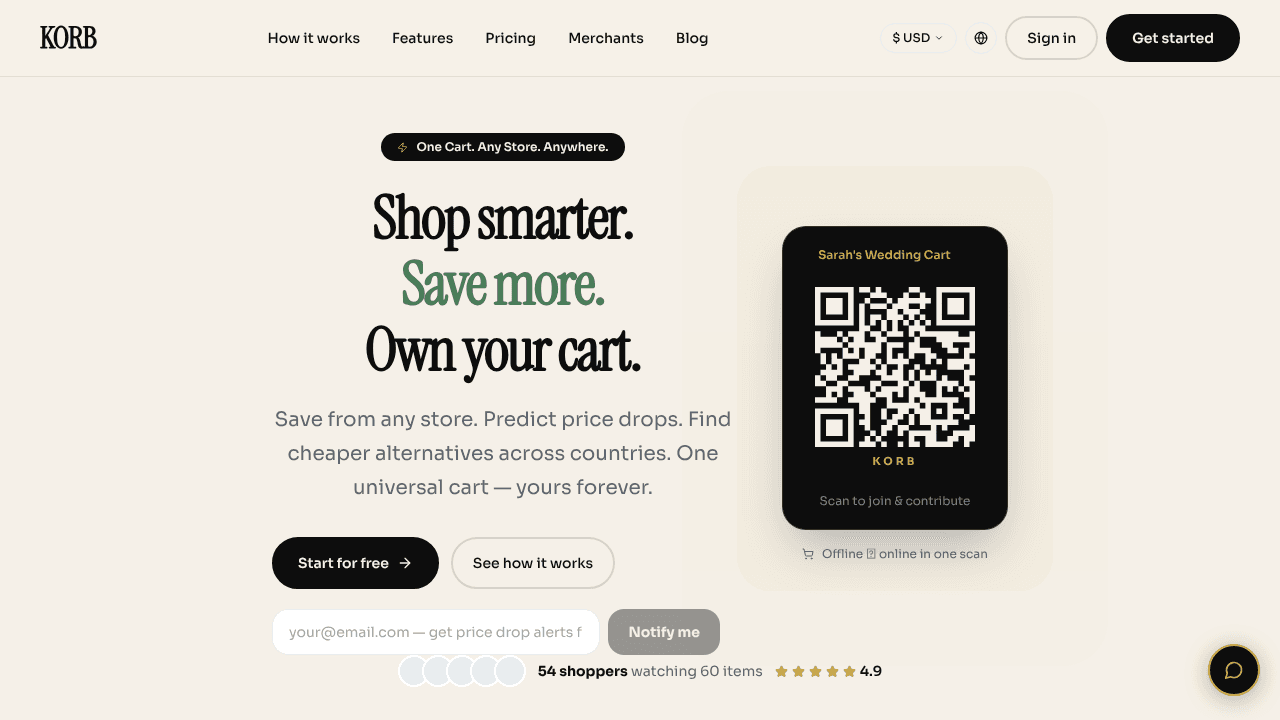 KORB — Universal Smart Cart website screenshot