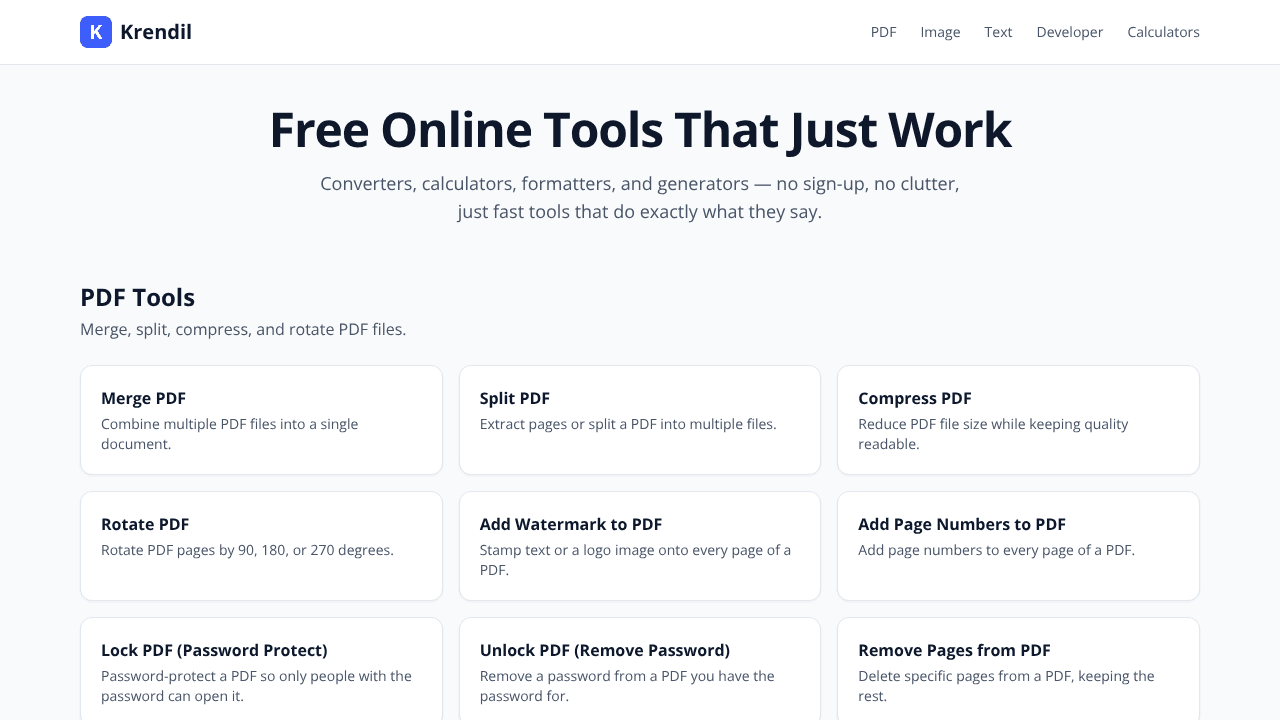 Krendil — Free Online Tools website screenshot