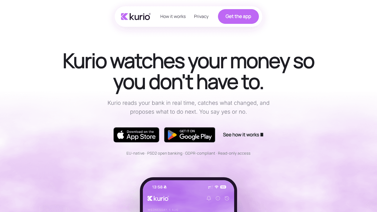 Kurio: AI Money Assistant website screenshot