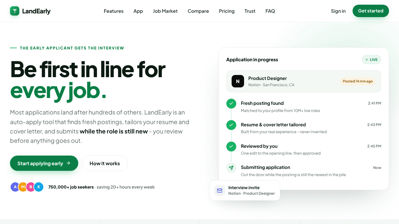 LandEarly | AI Job Search website screenshot