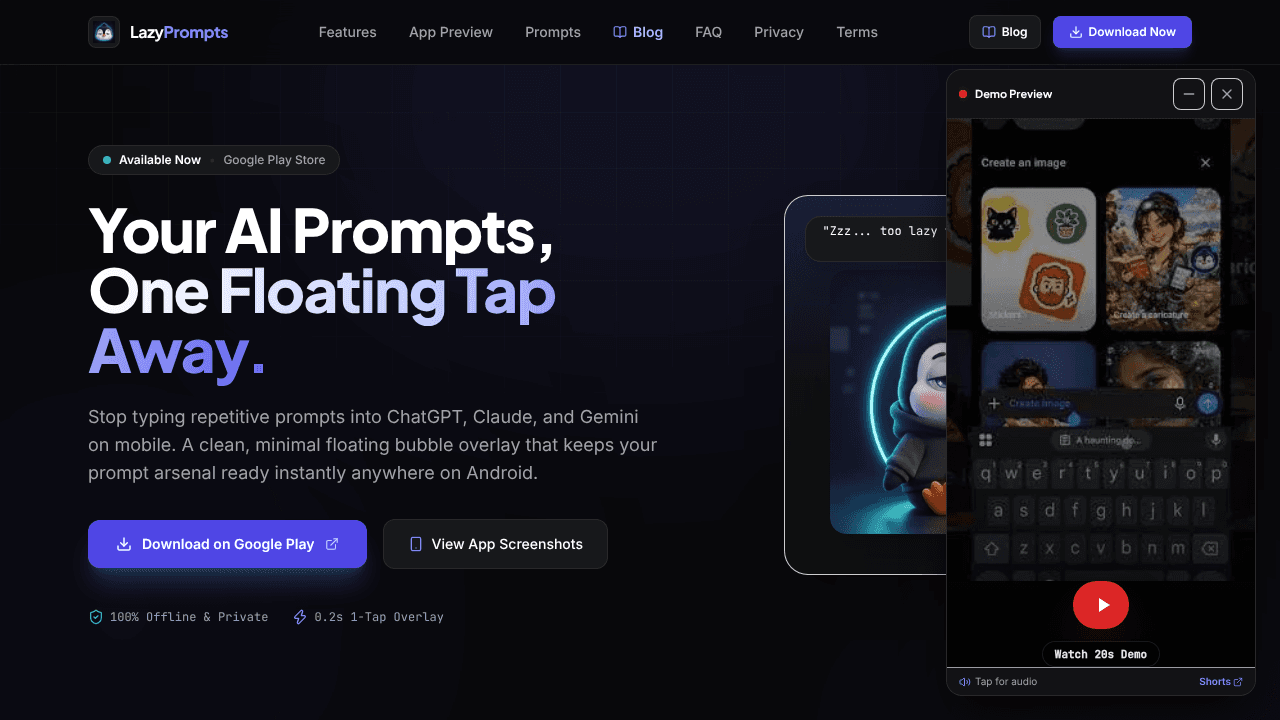 Lazy Prompts website screenshot