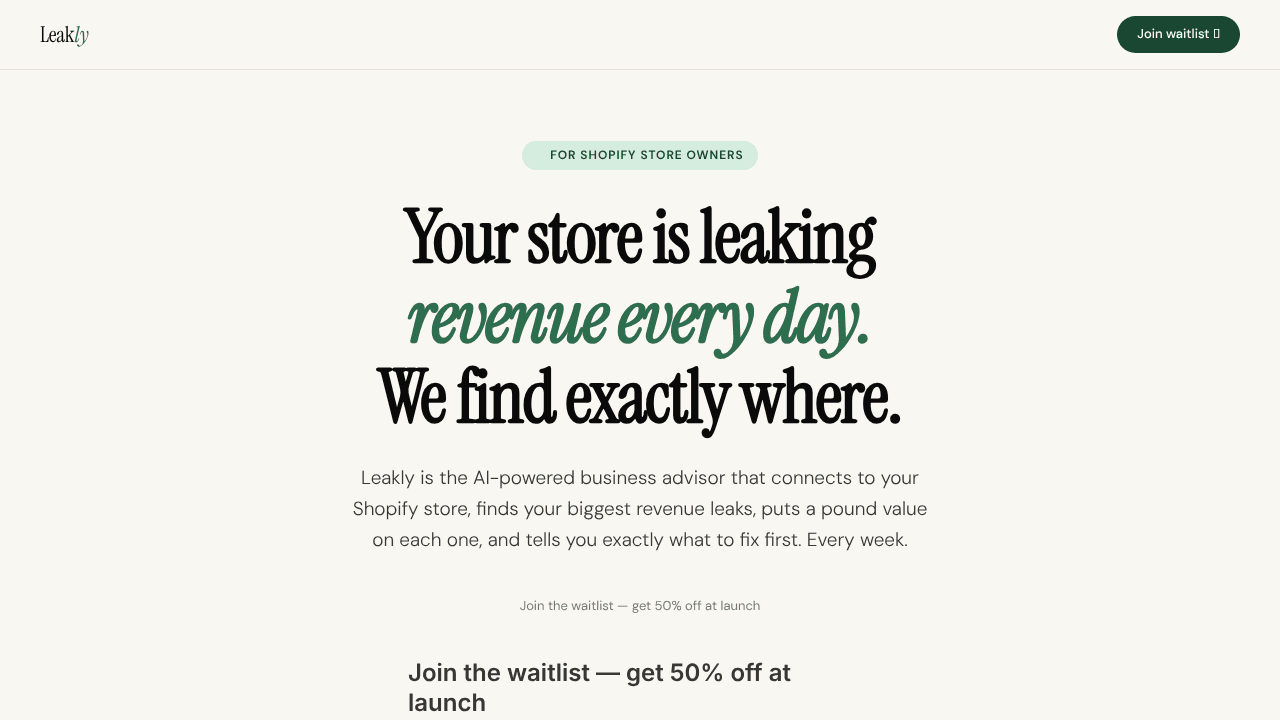 Leakly - AI revenue adviser for Shopify website screenshot