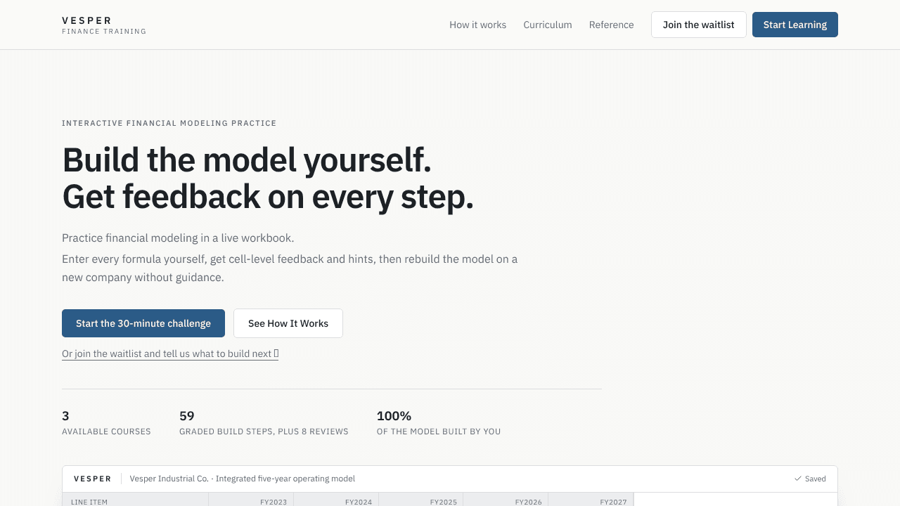 Learn financial modelling by modelling website screenshot