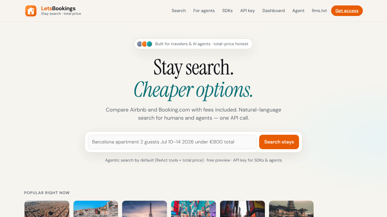 LetsBookings — stay search for agents website screenshot
