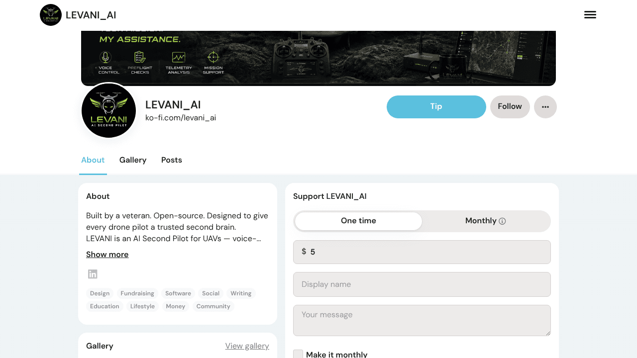 LEVANI — AI Second Pilot for UAVs website screenshot