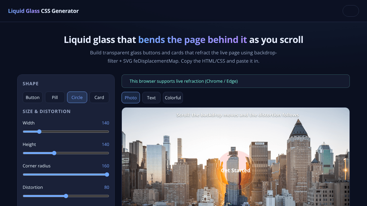 Liquid Glass CSS Generator website screenshot