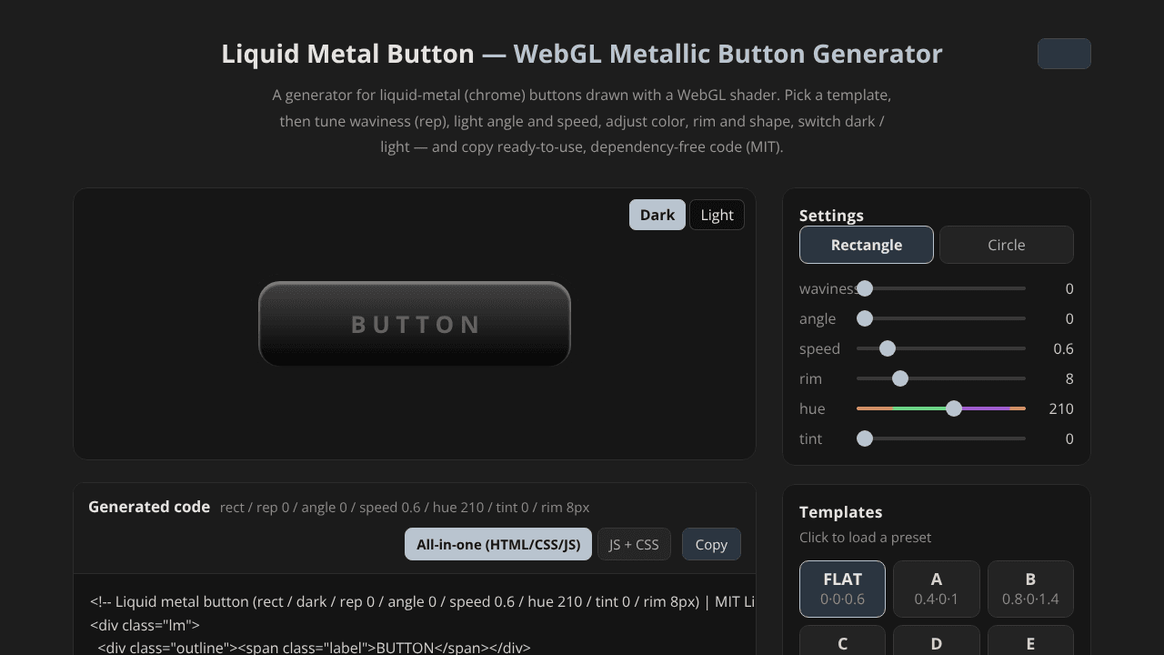 Liquid Metal Button Generator website screenshot