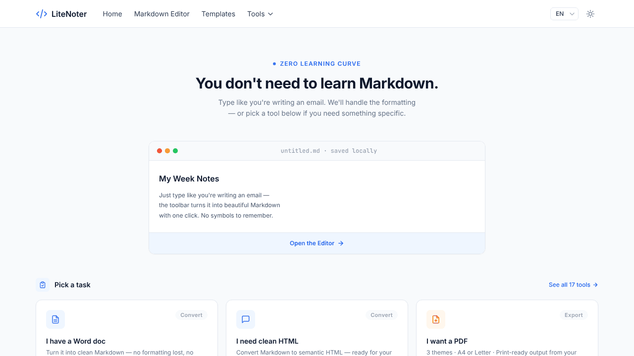 LiteNoter - Write Markdown No Syntax website screenshot