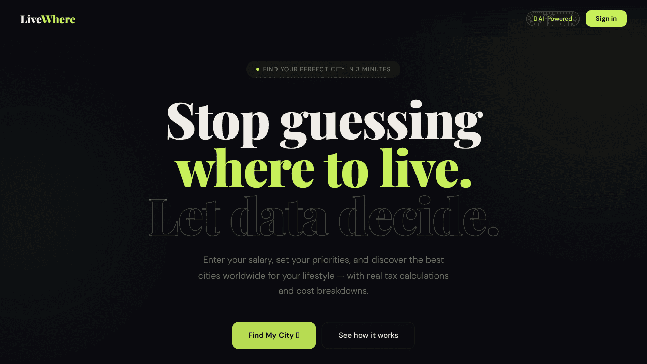 LiveWhere — Find Your Perfect City website screenshot