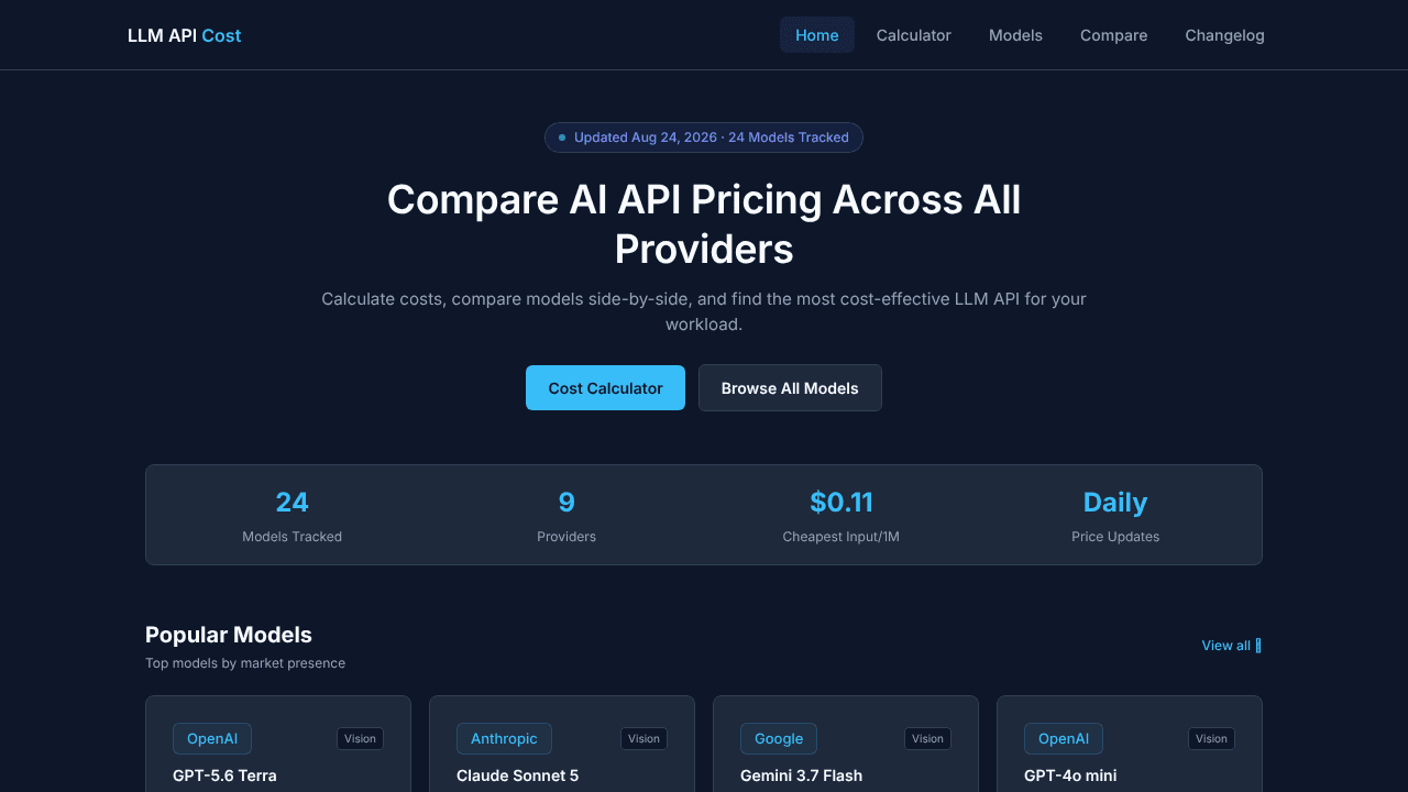 LLM API Cost website screenshot
