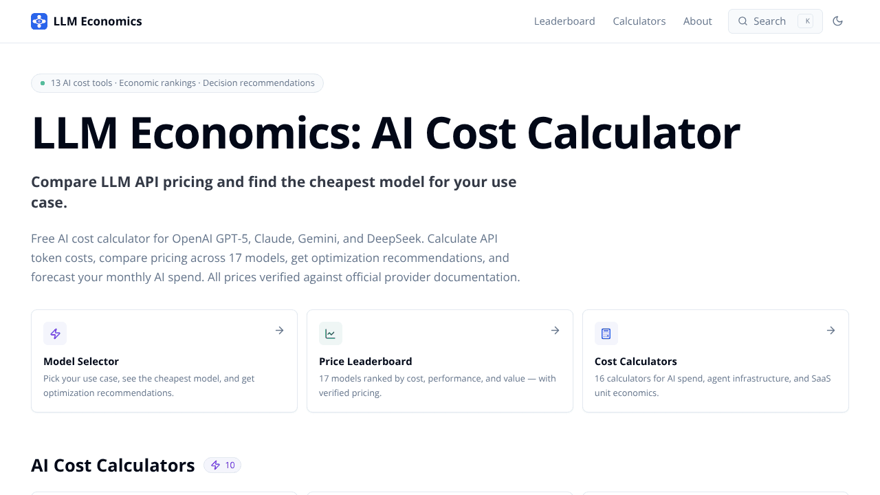 LLM Economics website screenshot