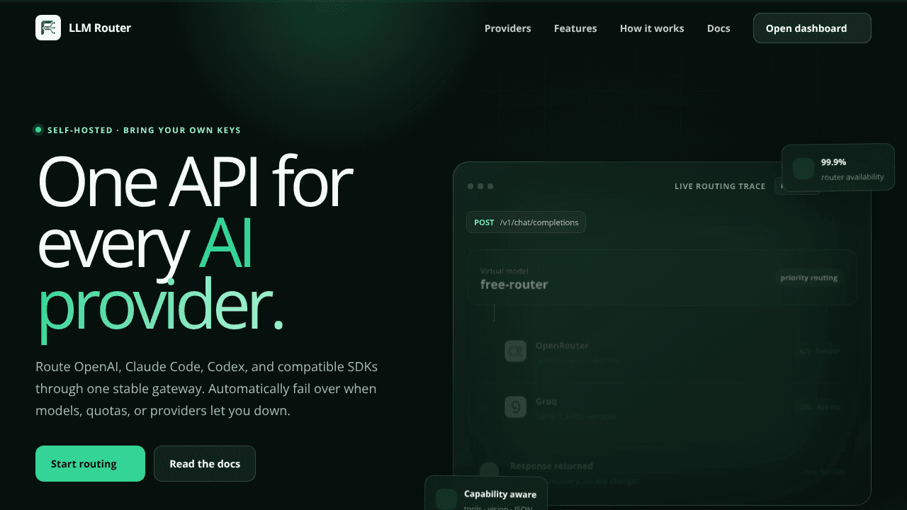 LLM Router · One API for every provider website screenshot