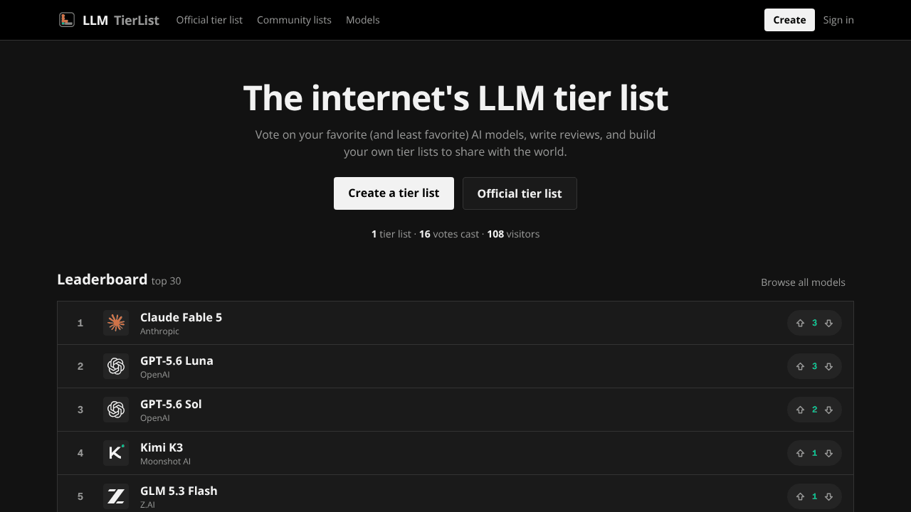 LLM Tier List website screenshot