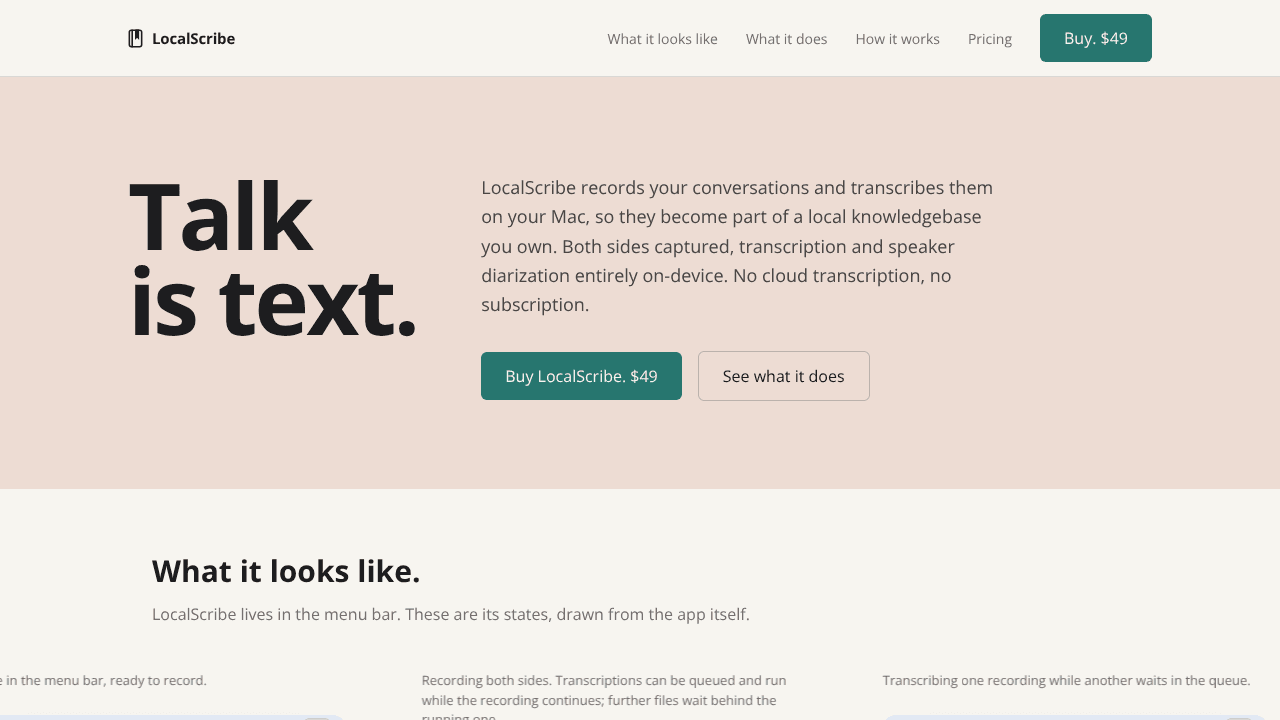 LocalScribe. Transcribe locally on Mac. website screenshot