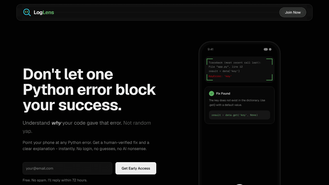 LogLens website screenshot