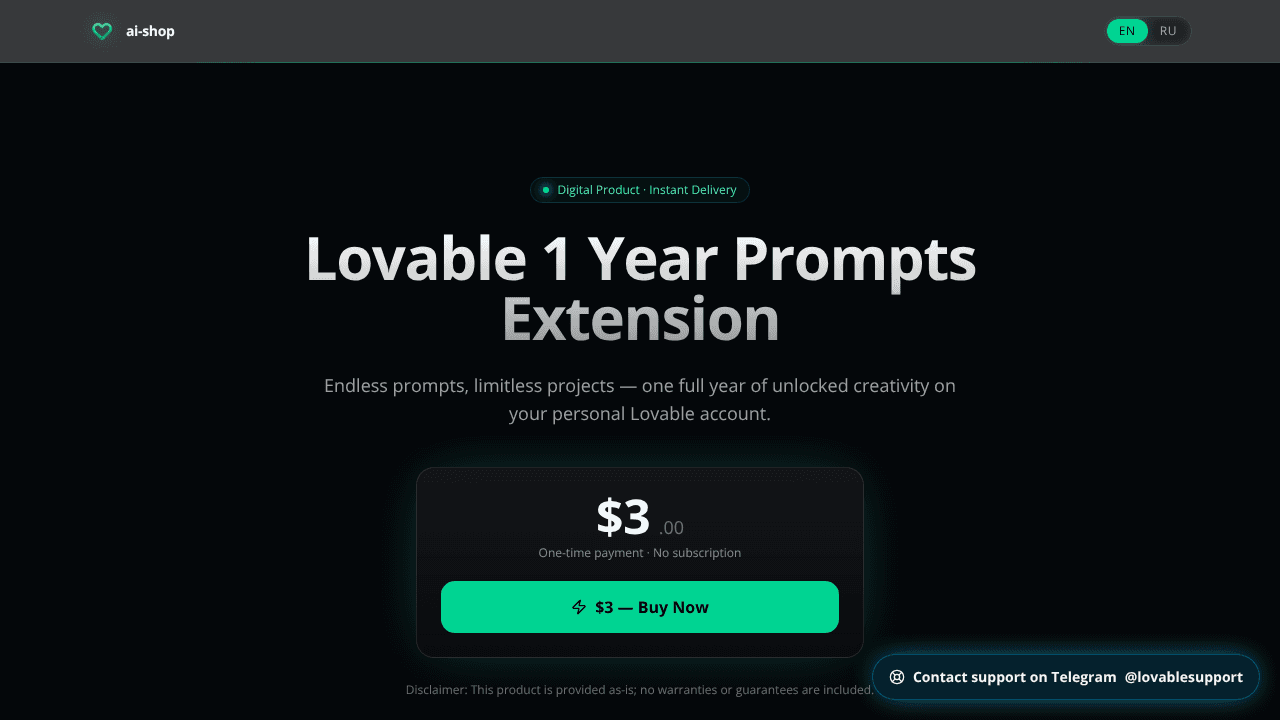 Lovable AI 1 Year Prompts Extension — $3 website screenshot