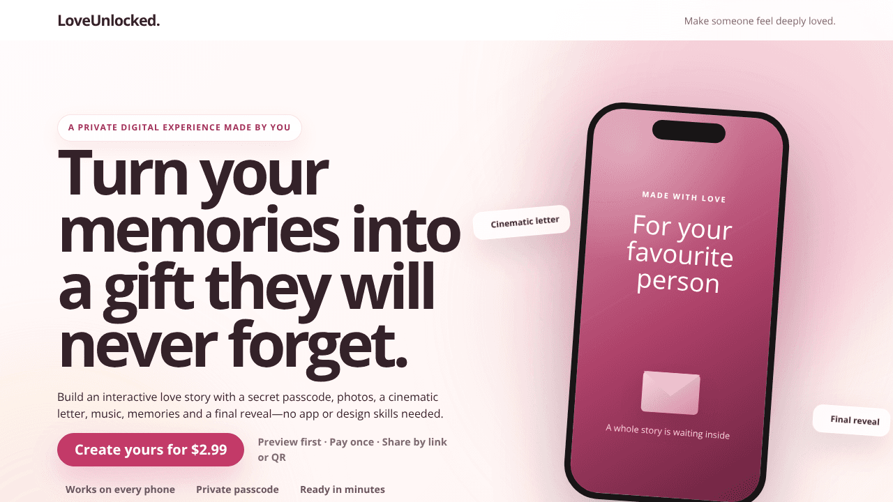 LoveUnlocked — Interactive gift builder website screenshot