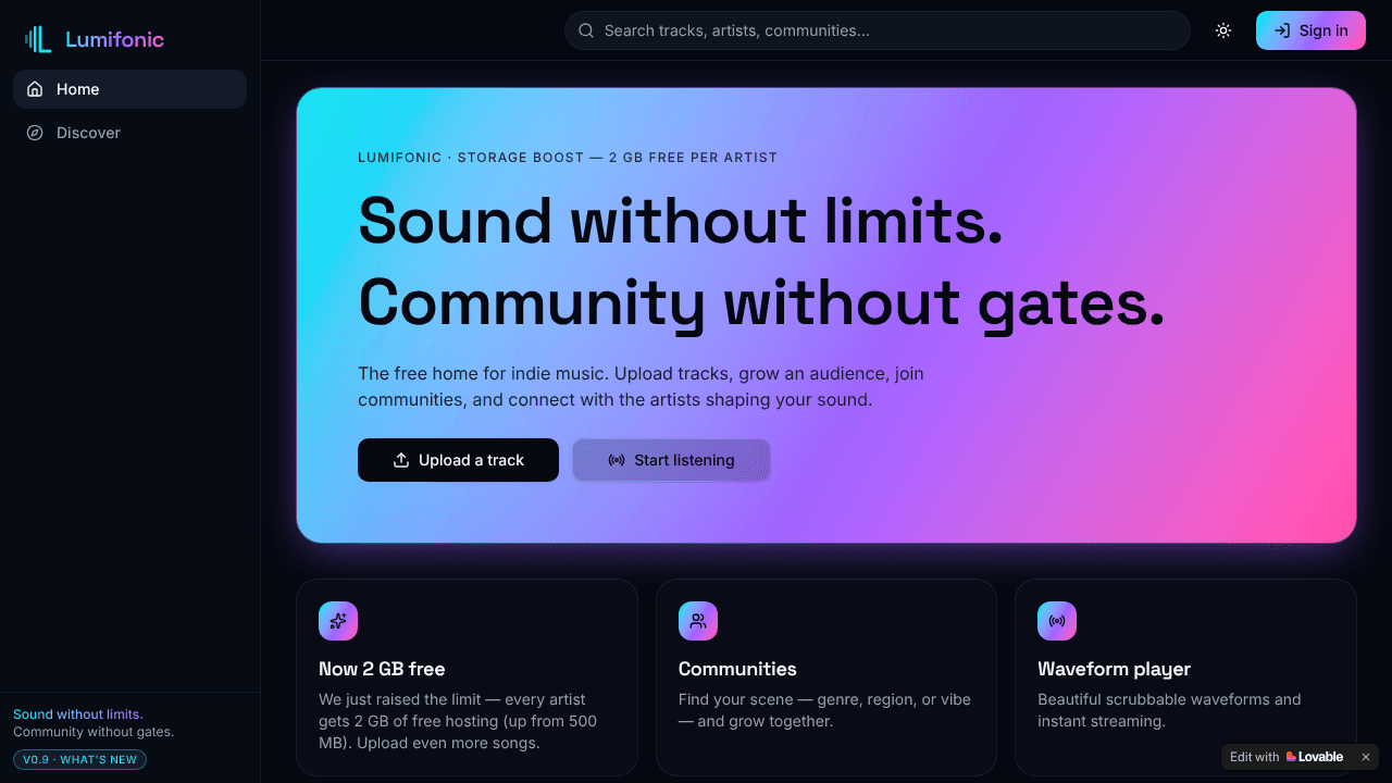 Lumifonic — Free music streaming  website screenshot