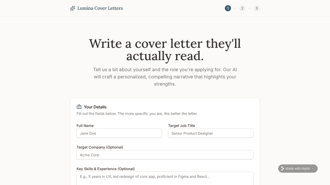 Lumina Cover Letters website screenshot