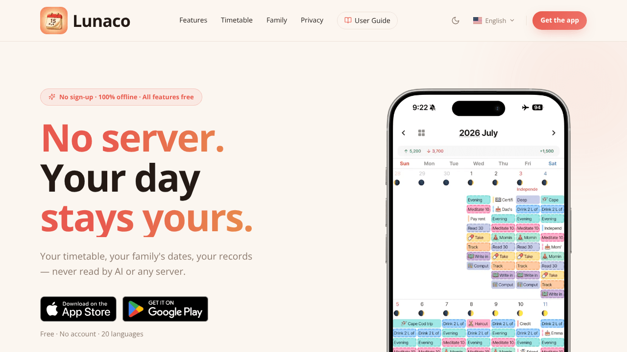 Lunaco — Private Calendar & Planner website screenshot