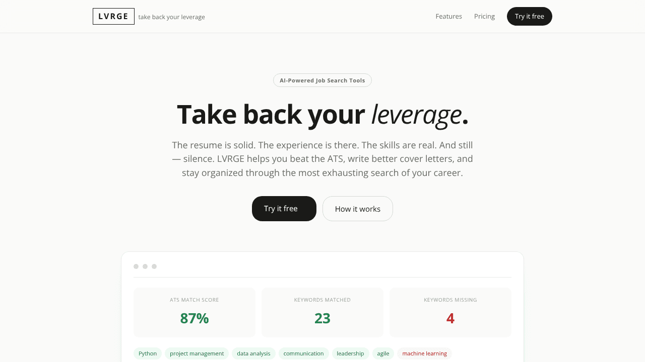 LVRGE — Take back your leverage website screenshot