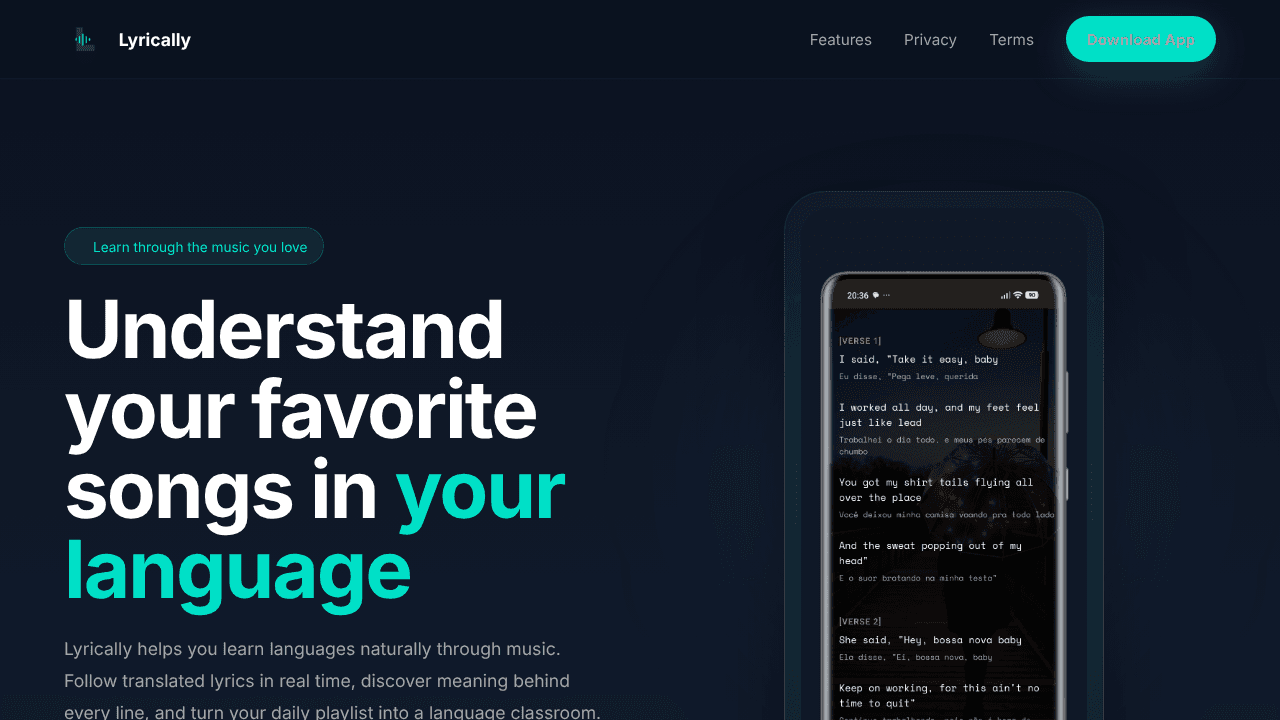 Lyrically — Learn Through Music website screenshot