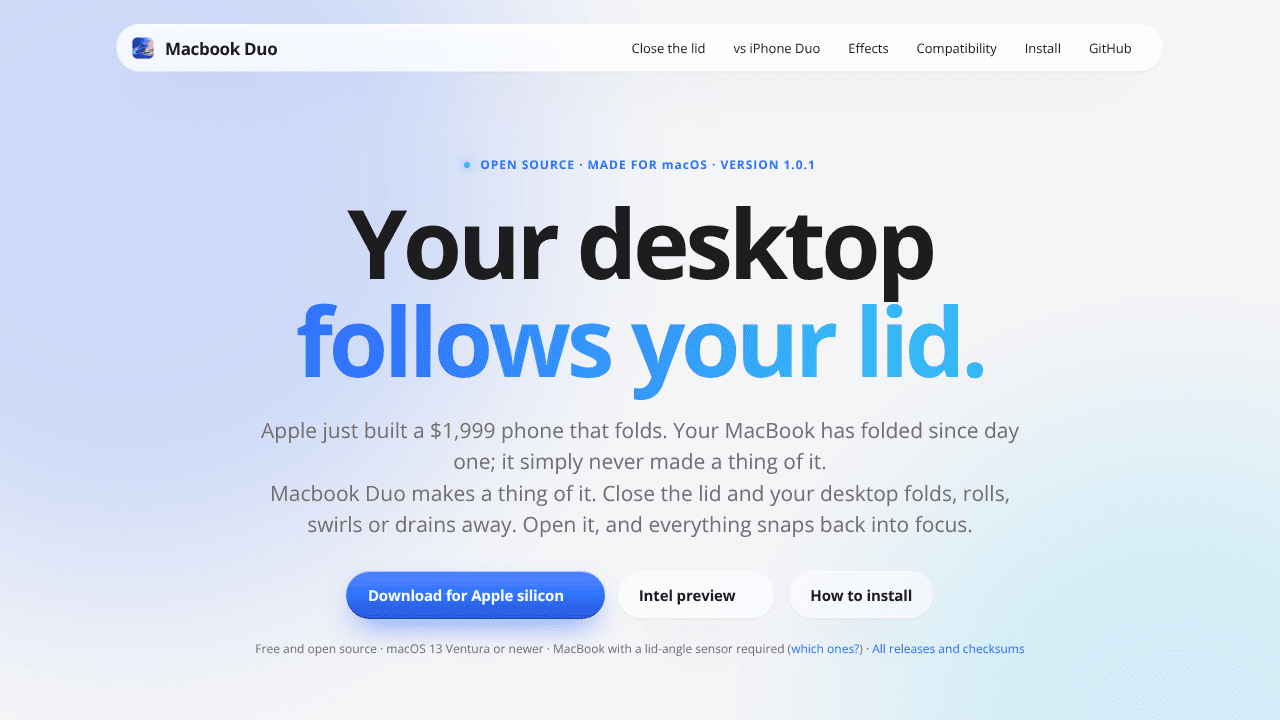 Macbook Duo - Fold like iPhone Duo website screenshot
