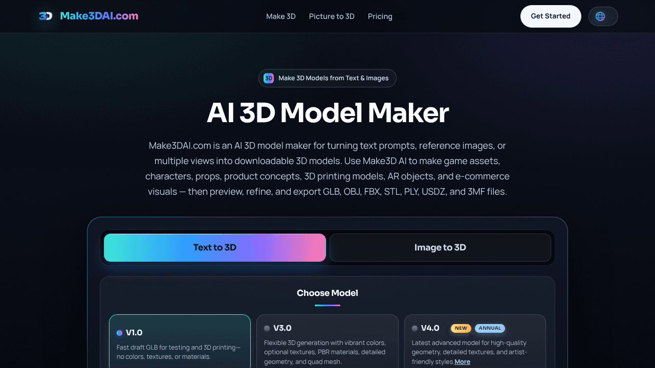 Make3DAI.com — Prompt to 3D in Seconds website screenshot