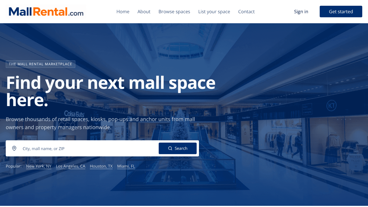 MallRental - Mall Rental Space Listings website screenshot