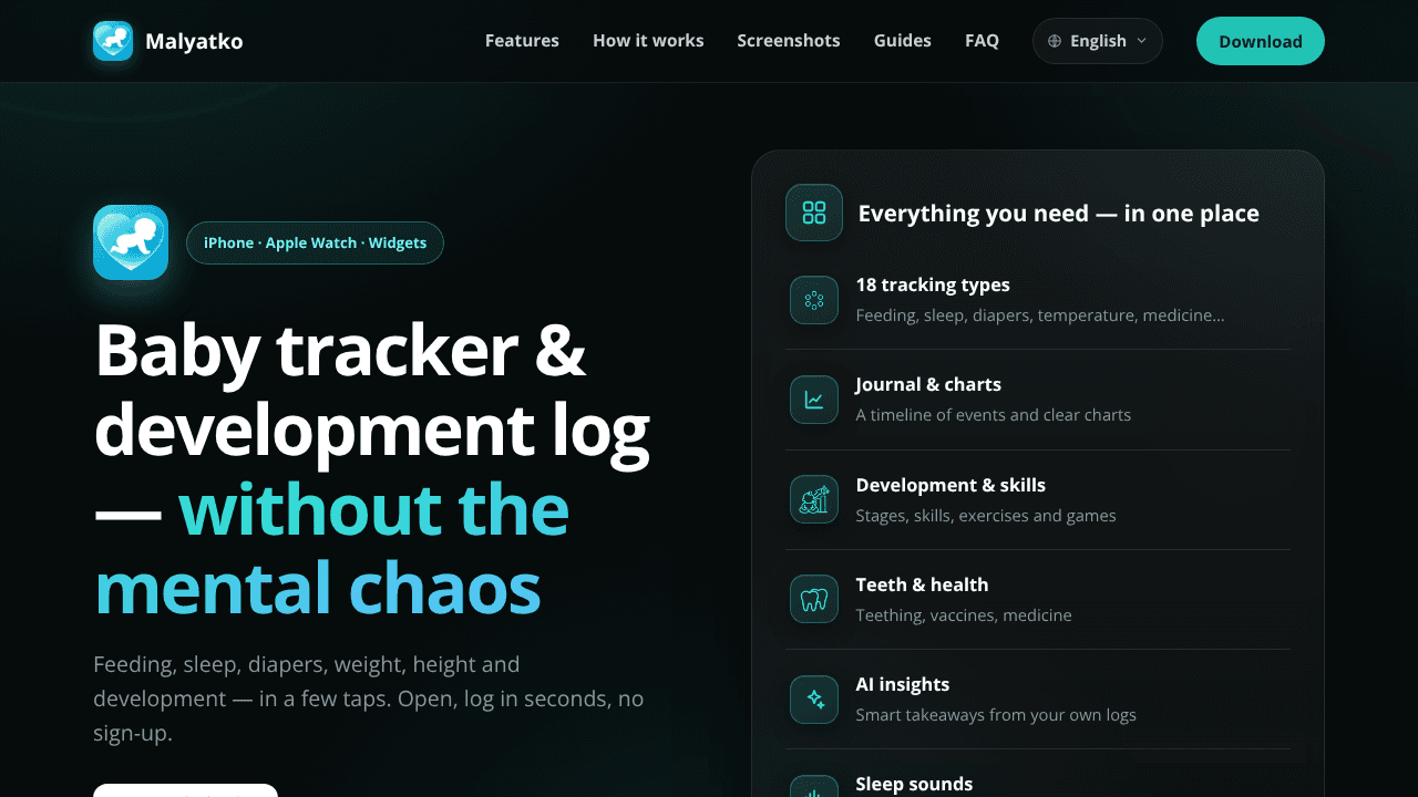 Malyatko — Baby tracker website screenshot