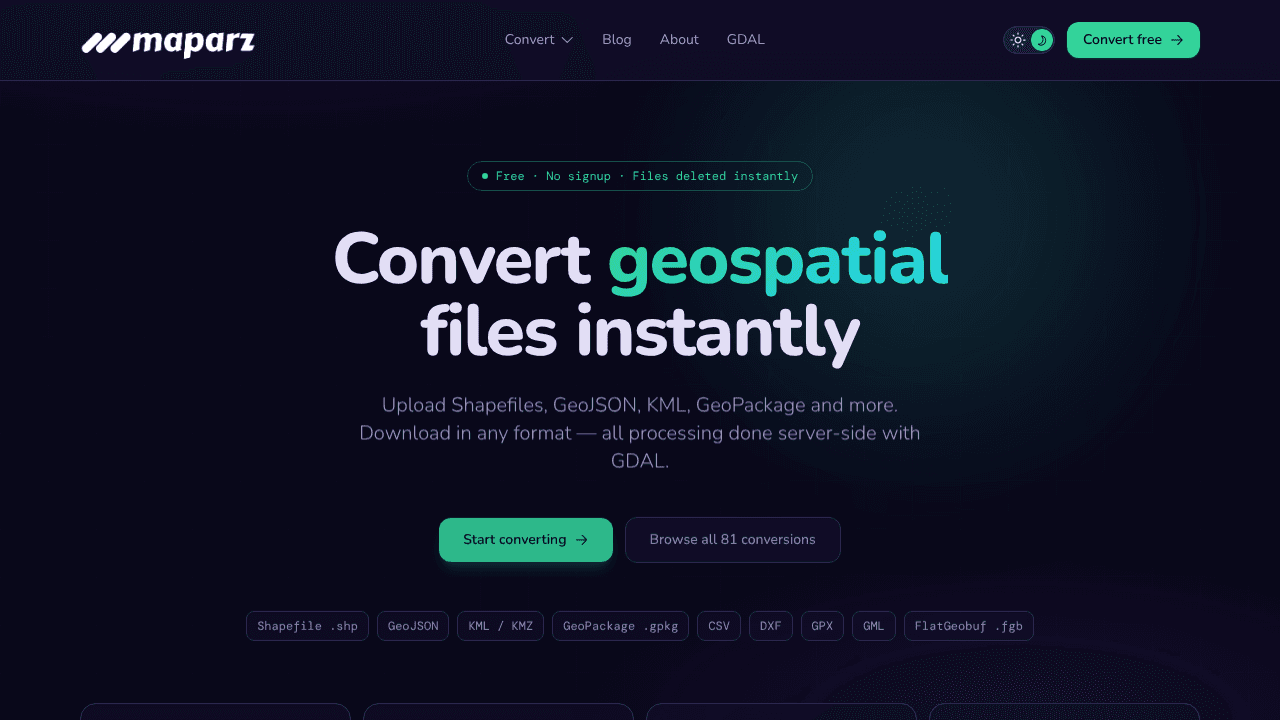 Maparz Online Geospatial File Converter website screenshot