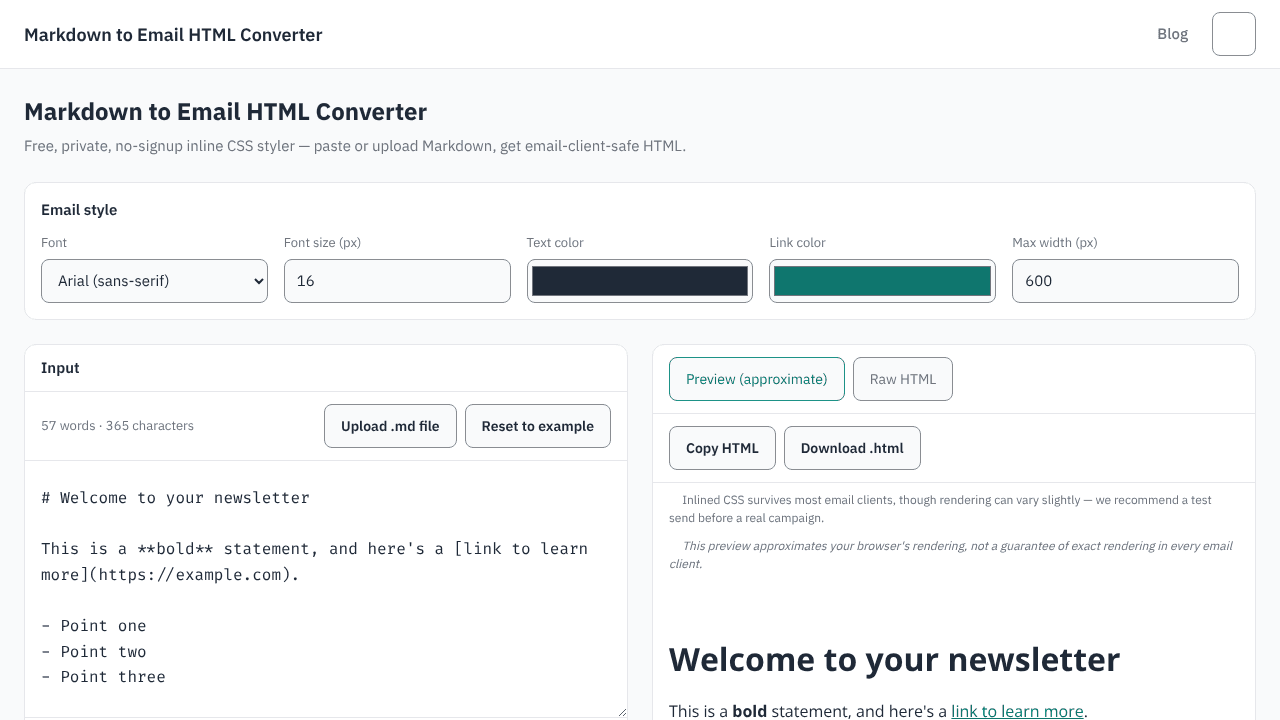 Markdown to Email website screenshot